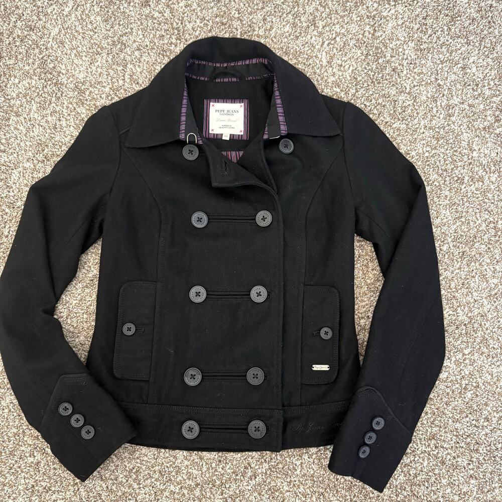 Pepe Jeans London Double Breasted Black Wool Blend Military Pea Coat Jacket XS - Picture 3 of 16